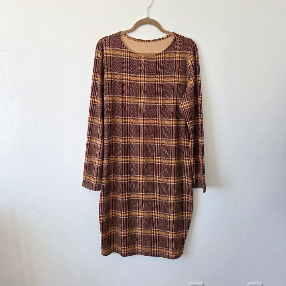 Brown Plaid Midi Dress Long Sleeve Bodycon Academia Twee Gossip Girl Office XL